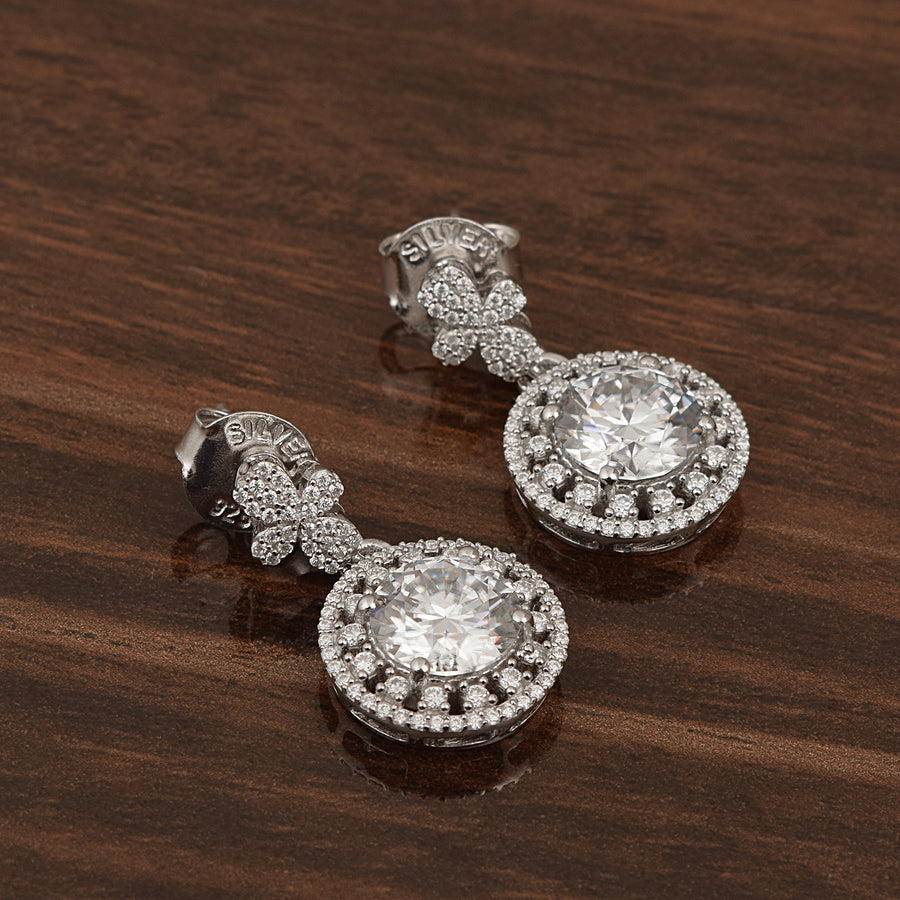 Moissanite Floral Halo Design Drop Earrings - Sterling Silver