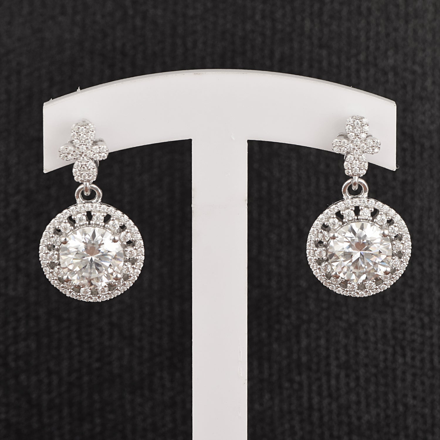 Moissanite Floral Halo Design Drop Earrings - Sterling Silver