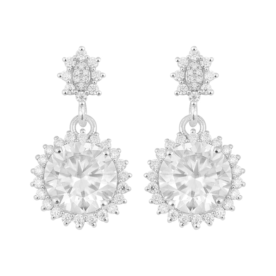 Moissanite Starburst Halo Design Drop Earrings – Sterling Silver