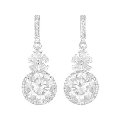 Round Moissanite 925 Sterling Silver Flower Design Halo Woman Dangle Earrings