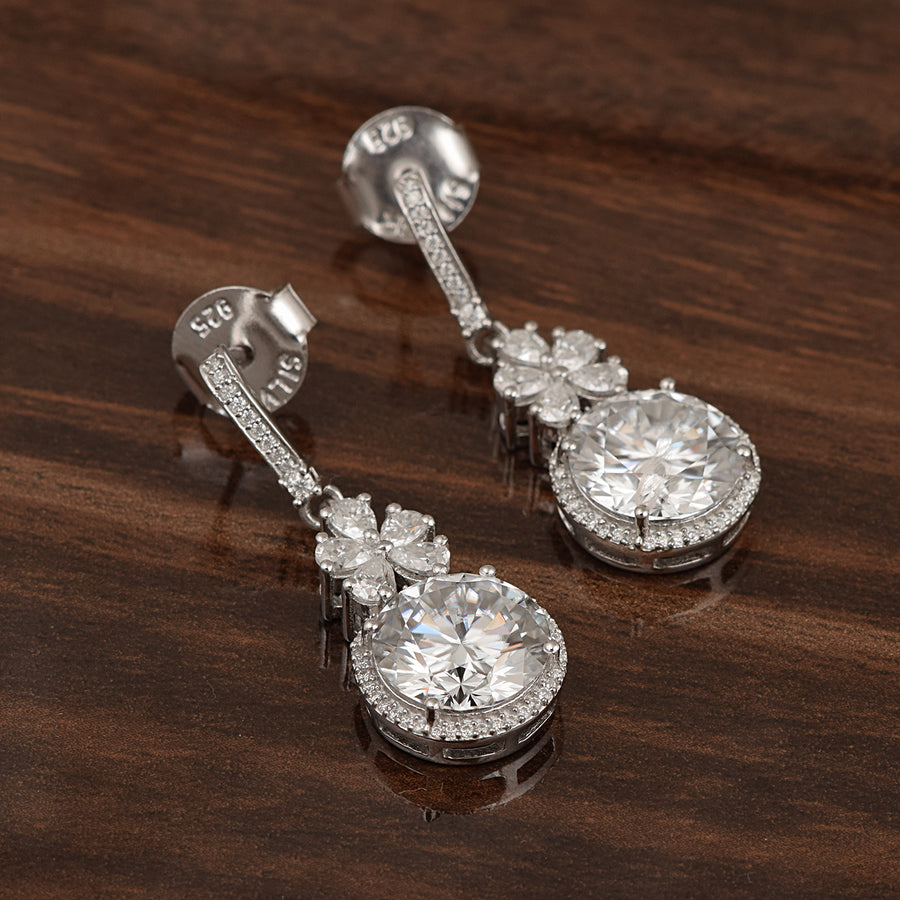 Moissanite Halo Dangle Drop Earrings - Sterling Silver