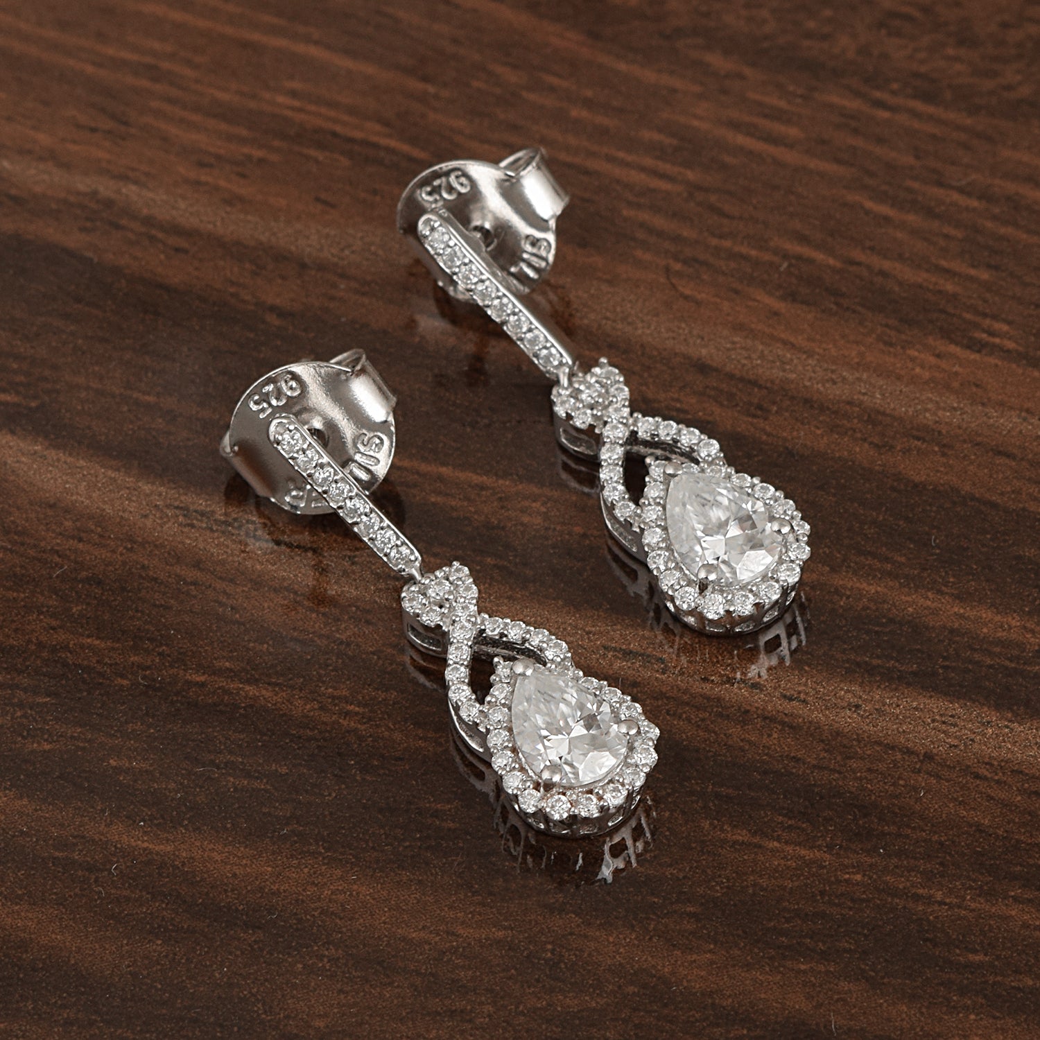 Moissanite Infinity Halo Drop Earrings –  Sterling Silver