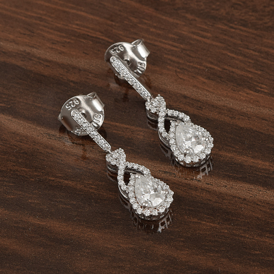 Moissanite Infinity Halo Drop Earrings –  Sterling Silver