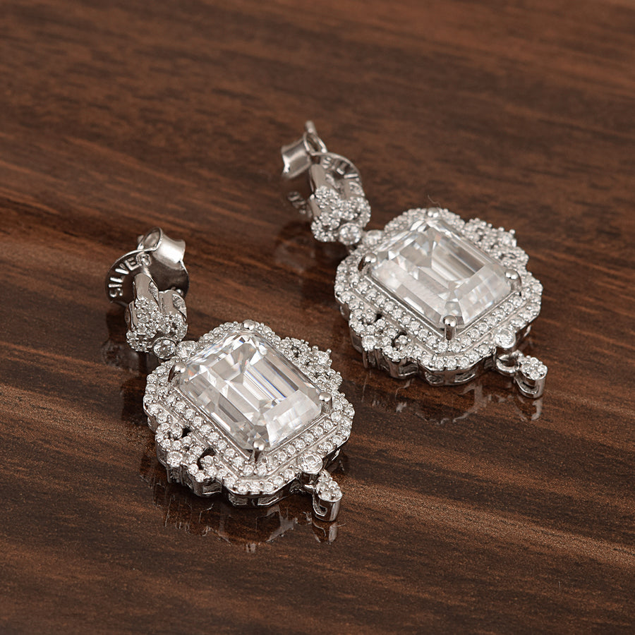 Moissanite Vintage Halo Design Drop Earrings – Sterling Silver