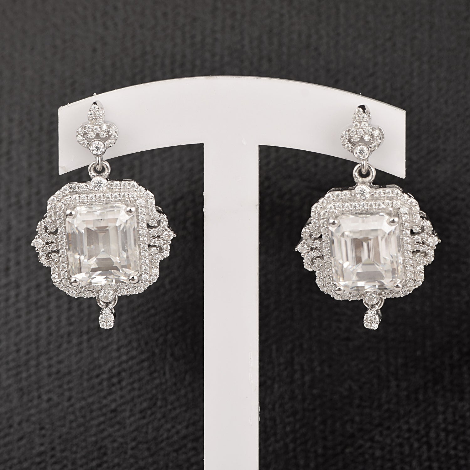 Moissanite Vintage Halo Design Drop Earrings – Sterling Silver