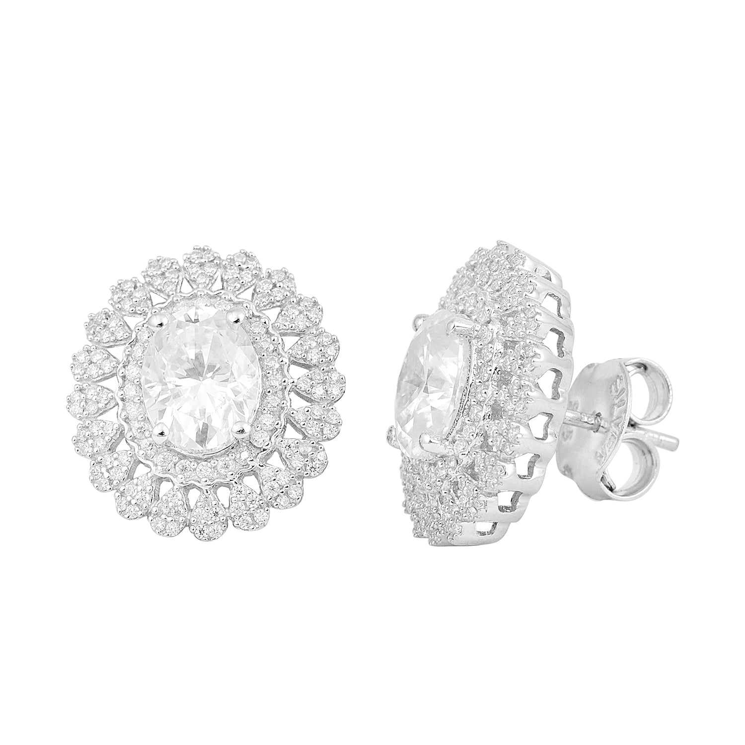 Moissanite Double Halo Designer Stud Earrings – Sterling Silver