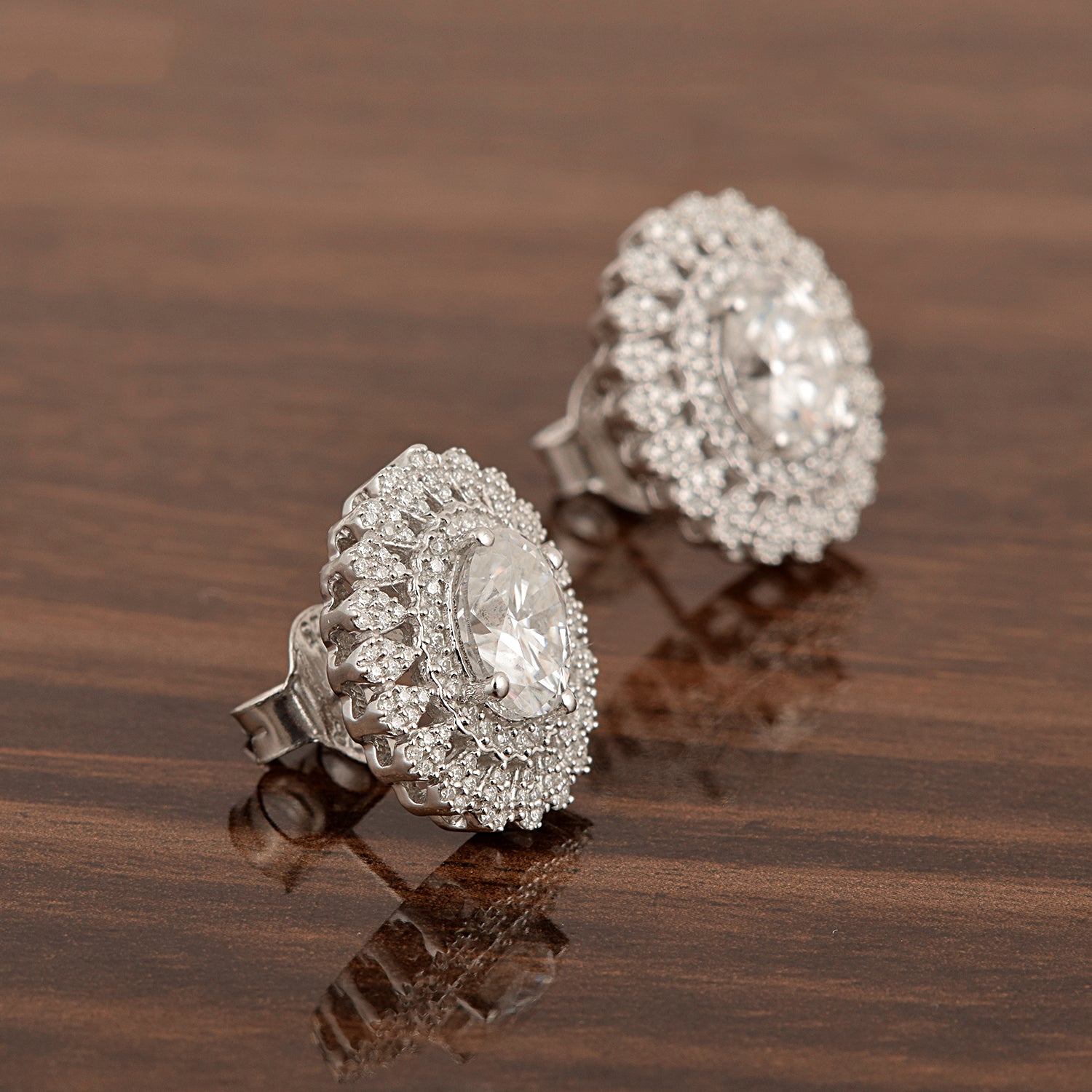 Moissanite Double Halo Designer Stud Earrings – Sterling Silver