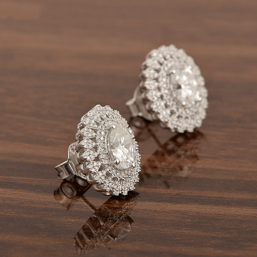 Moissanite Double Halo Designer Stud Earrings – Sterling Silver