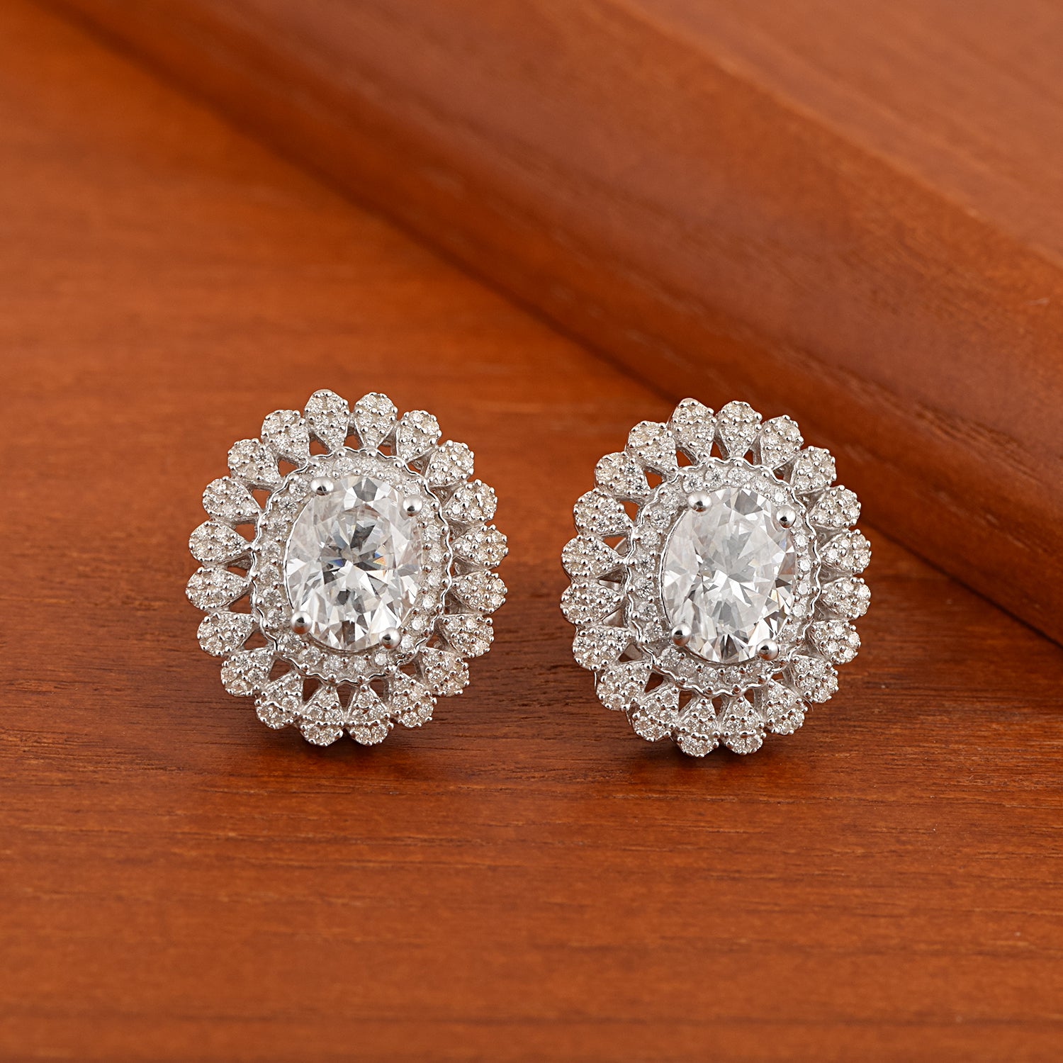 Moissanite Double Halo Designer Stud Earrings – Sterling Silver