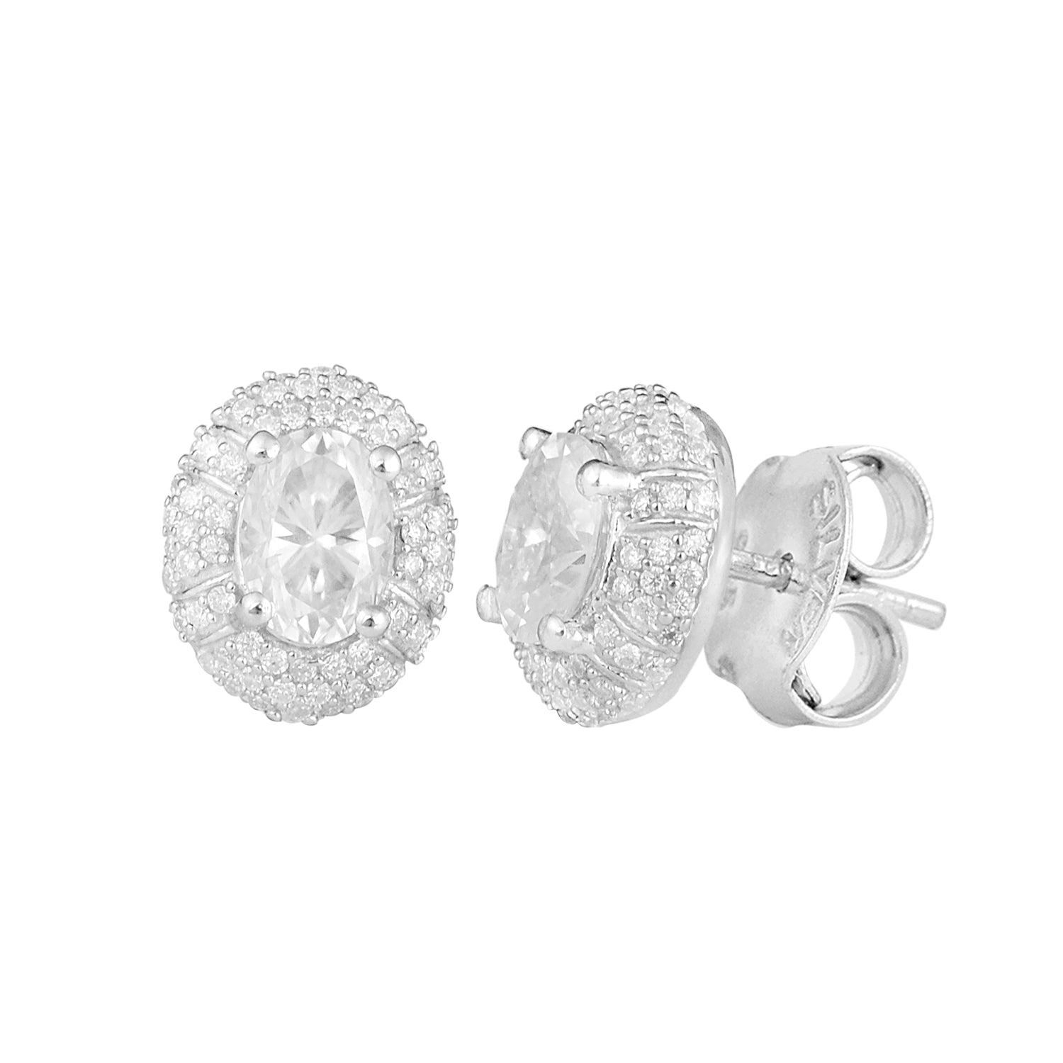 Moissanite Oval Double Halo Design Stud Earrings –  Sterling Silver