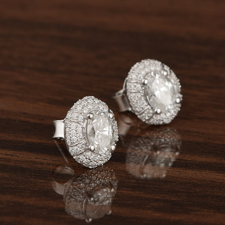 Moissanite Oval Double Halo Design Stud Earrings –  Sterling Silver