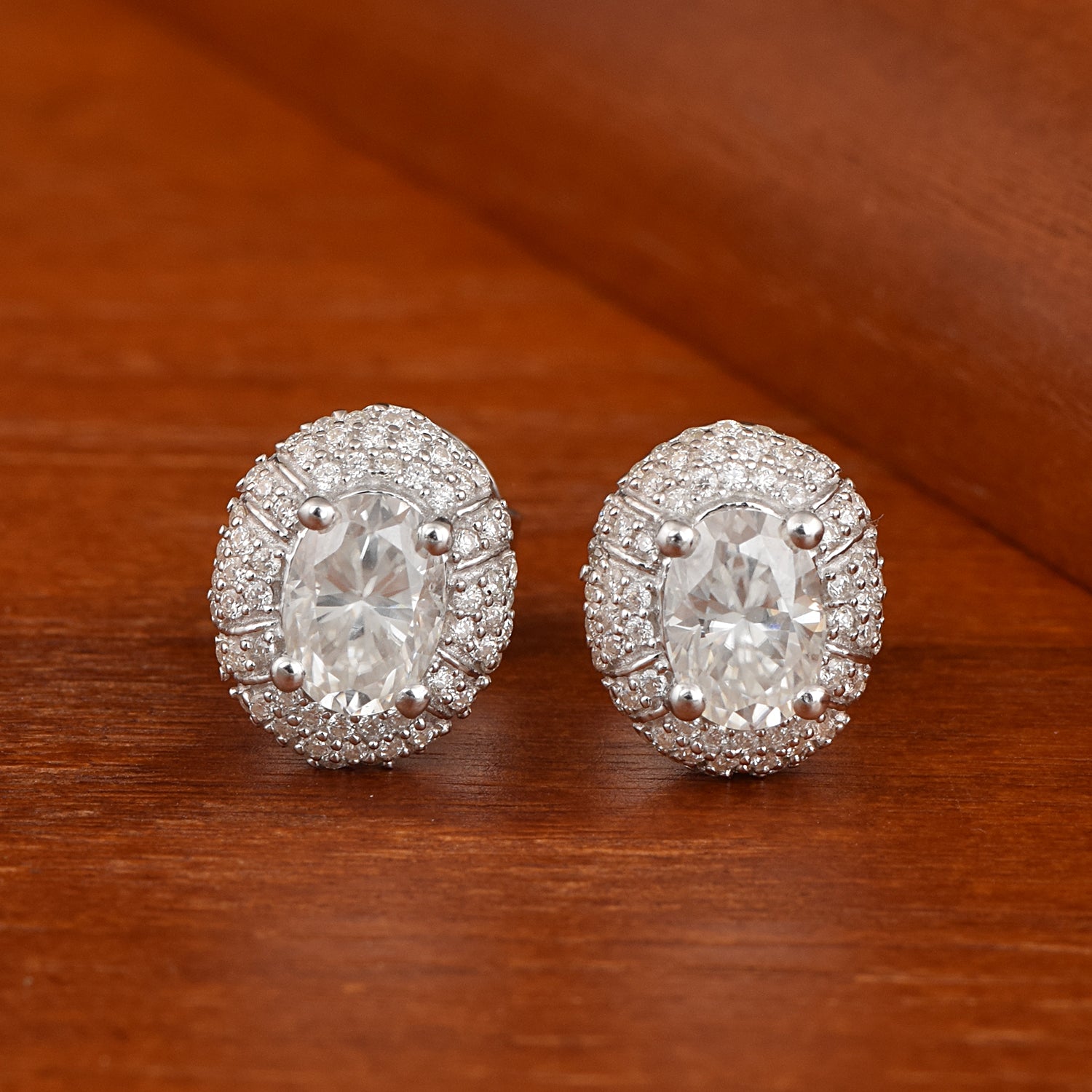 Moissanite Oval Double Halo Design Stud Earrings –  Sterling Silver
