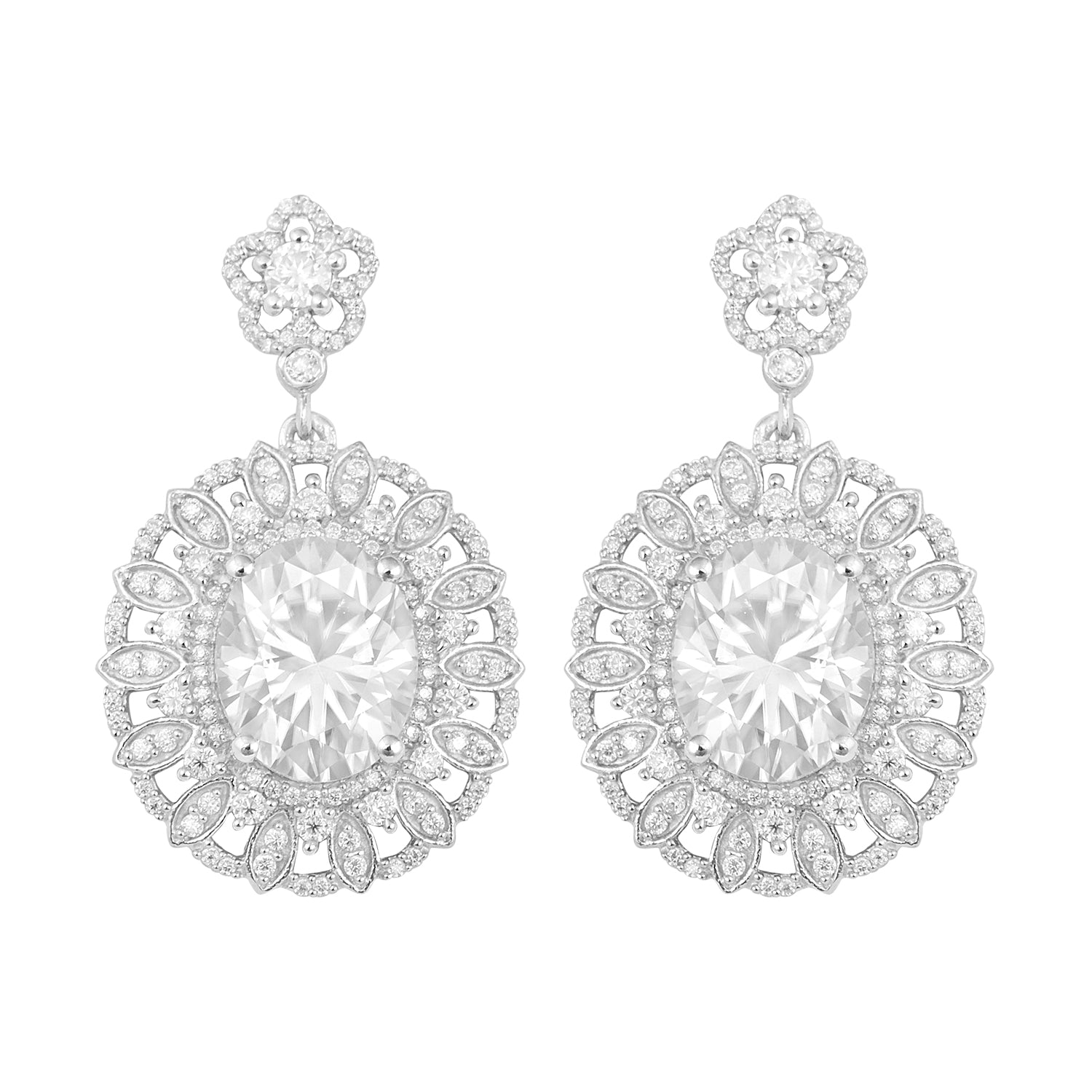 Moissanite Floral Halo Drops Earring - Sterling Silver