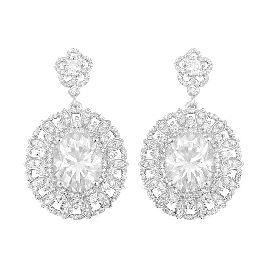 Moissanite Floral Halo Drops Earring - Sterling Silver