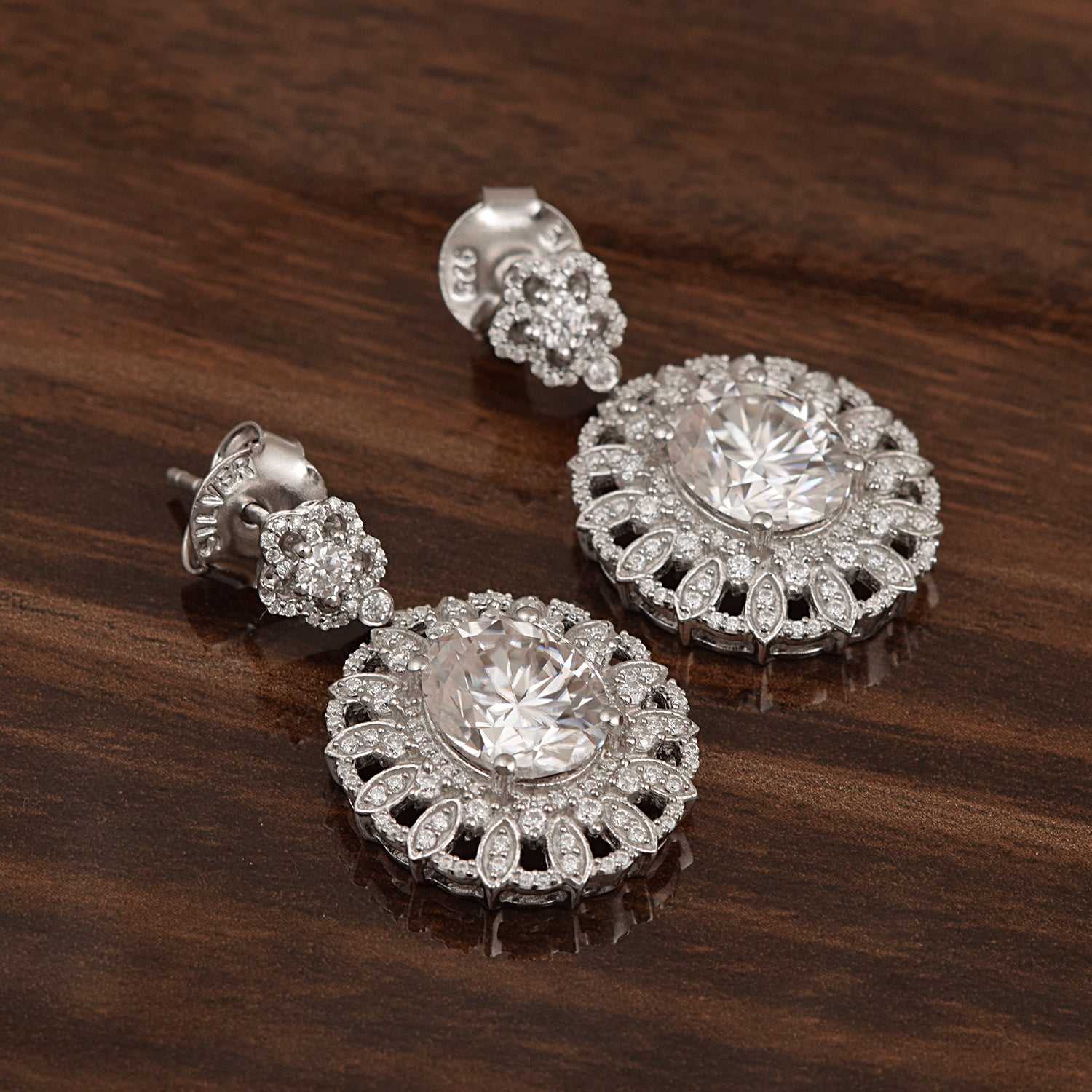 Moissanite Floral Halo Drops Earring - Sterling Silver