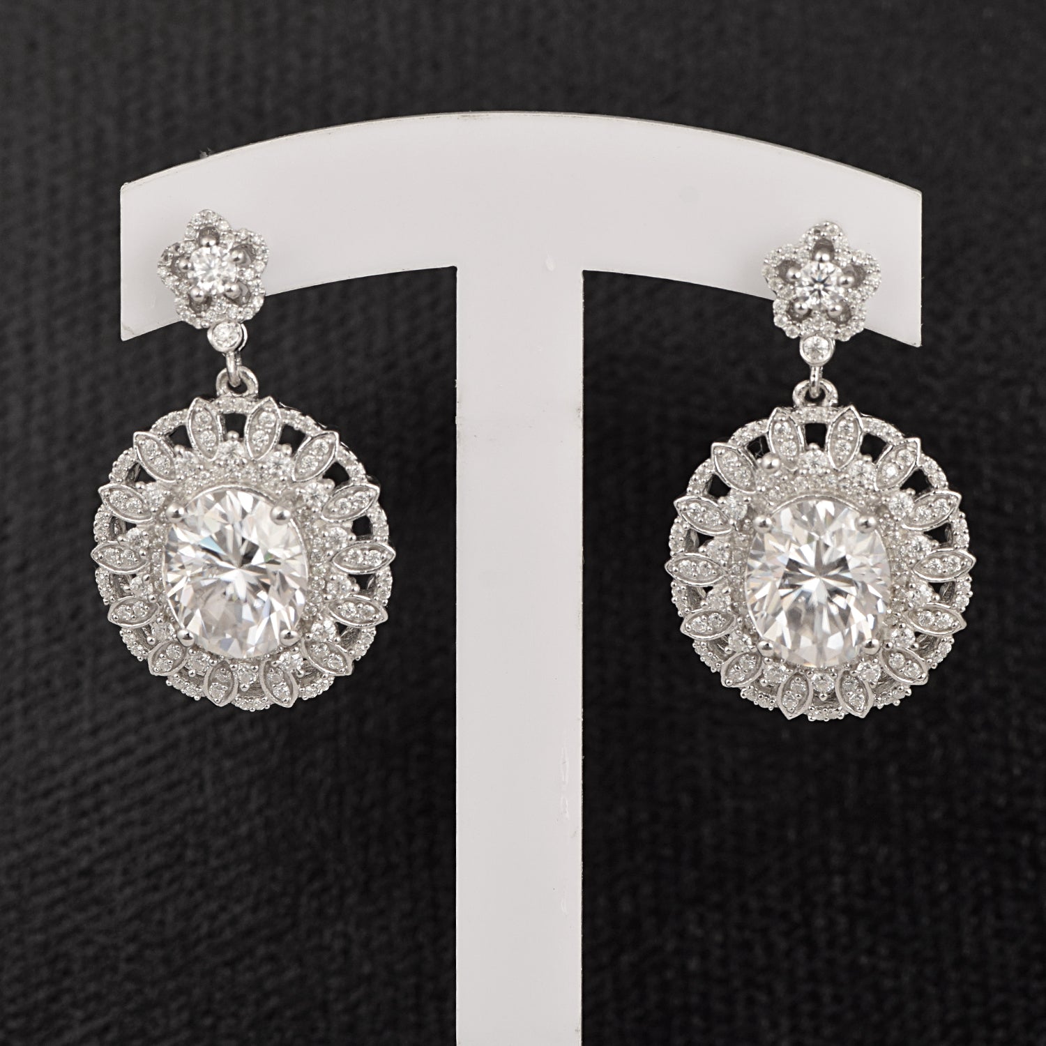 Moissanite Floral Halo Drops Earring - Sterling Silver