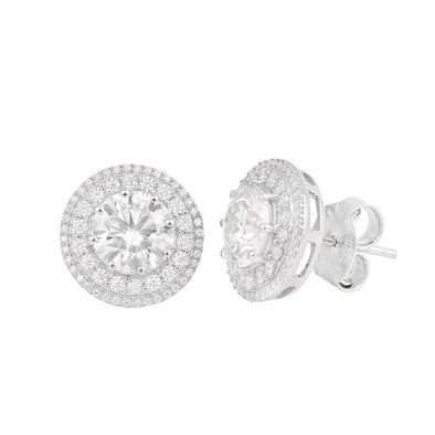 Double Halo Women Stud Round Shape Moissanite 925 Sterling Silver Earrings