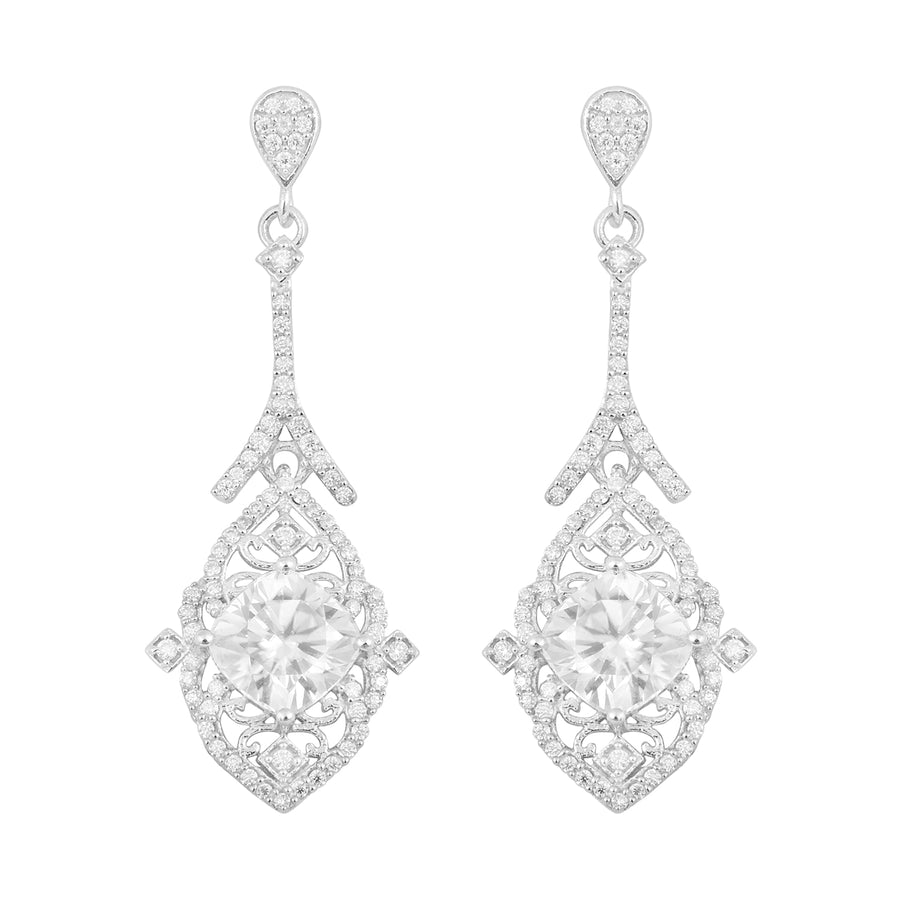 Moissanite Intricate Halo Drops Earrings - Sterling Silver