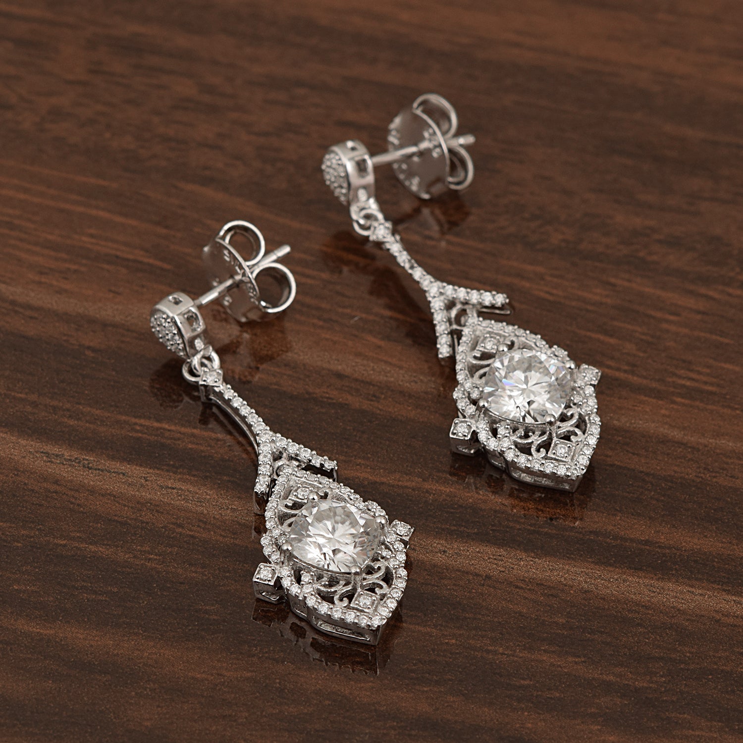 Moissanite Intricate Halo Drops Earrings - Sterling Silver