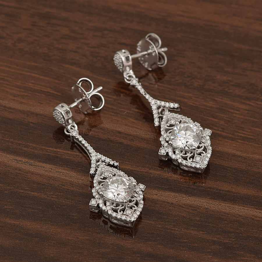 Moissanite Intricate Halo Drops Earrings - Sterling Silver