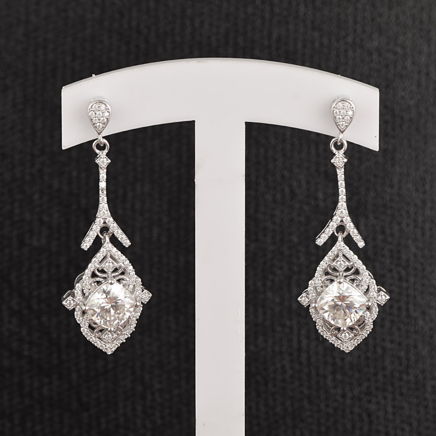 Moissanite Intricate Halo Drops Earrings - Sterling Silver