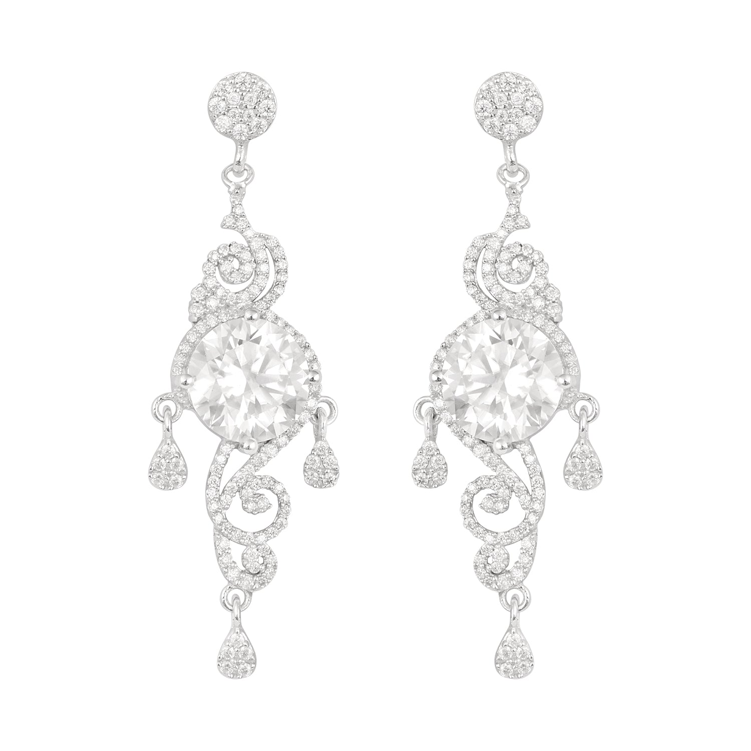 Moissanite Scroll Design Dangle Earrings – Sterling Silver