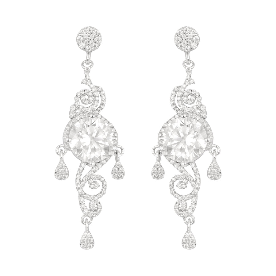 Moissanite Scroll Design Dangle Earrings – Sterling Silver