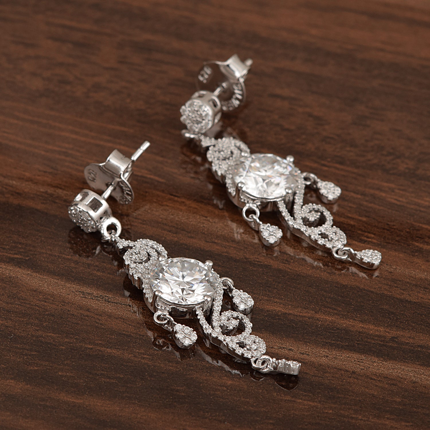 Moissanite Scroll Design Dangle Earrings – Sterling Silver