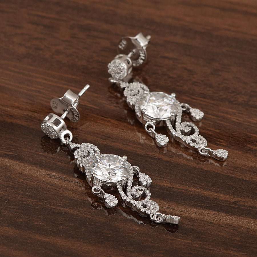 Moissanite Scroll Design Dangle Earrings – Sterling Silver