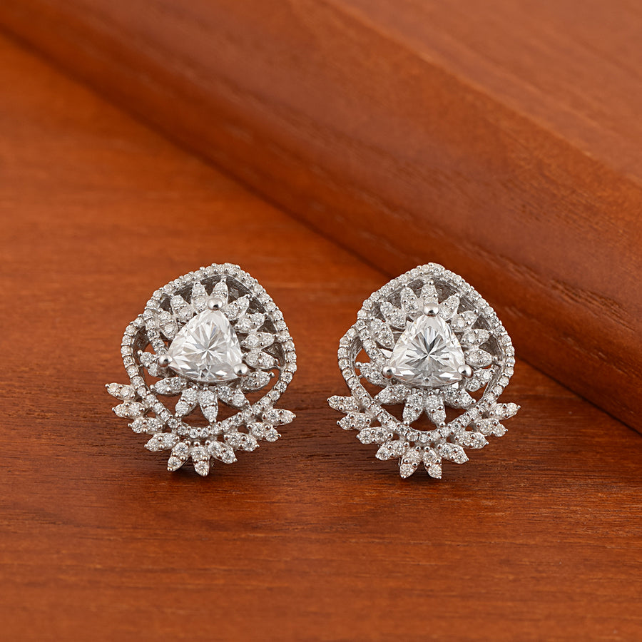 Moissanite Sparkling Floral Trillion Stud Earrings - Sterling Silver