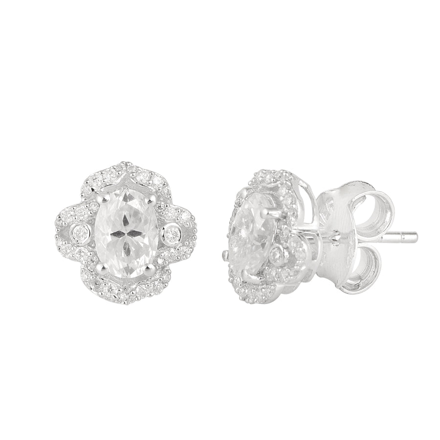 Moissanite Halo Design Stud Earrings - Sterling Silver