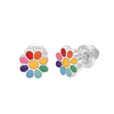 925 Sterling Silver Children's Colourful Rainbow Flower Screw Back Stud Earrings for Babies, Kids & Girls Jewelry