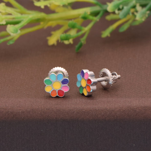 925 Sterling Silver Children's Colourful Rainbow Flower Screw Back Stud Earrings for Babies, Kids & Girls Jewelry