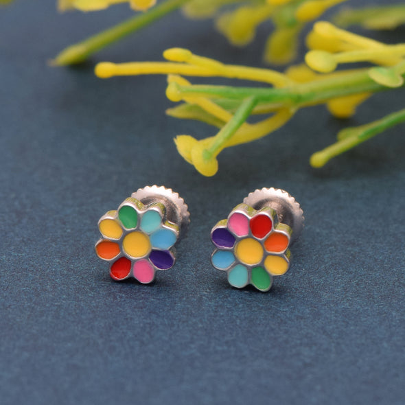 925 Sterling Silver Children's Colourful Rainbow Flower Screw Back Stud Earrings for Babies, Kids & Girls Jewelry