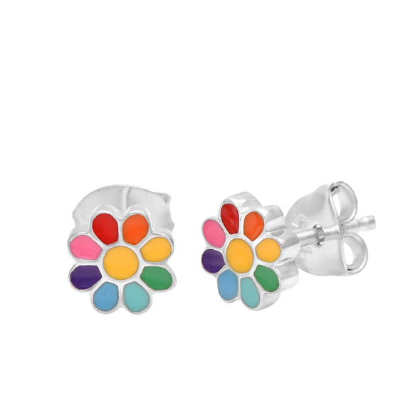 925 Sterling Silver Children's Colorful Rainbow Flower Butterfly Back Stud Earrings for Babies, Kids & Girls Jewelry