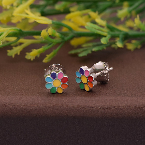 925 Sterling Silver Children's Colorful Rainbow Flower Butterfly Back Stud Earrings for Babies, Kids & Girls Jewelry