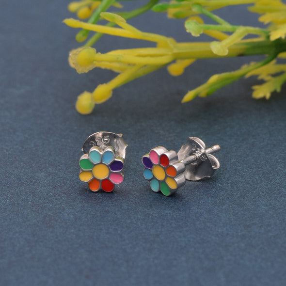 925 Sterling Silver Children's Colorful Rainbow Flower Butterfly Back Stud Earrings for Babies, Kids & Girls Jewelry