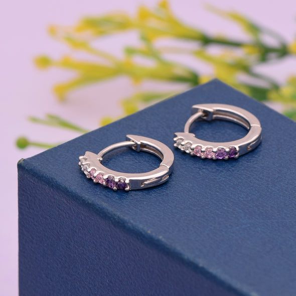 925 Sterling Silver Tiny Purple Pink Cubic Zirconia Small Huggie Hoop Earrings Tiny Elegant Round Jewelry For Children's