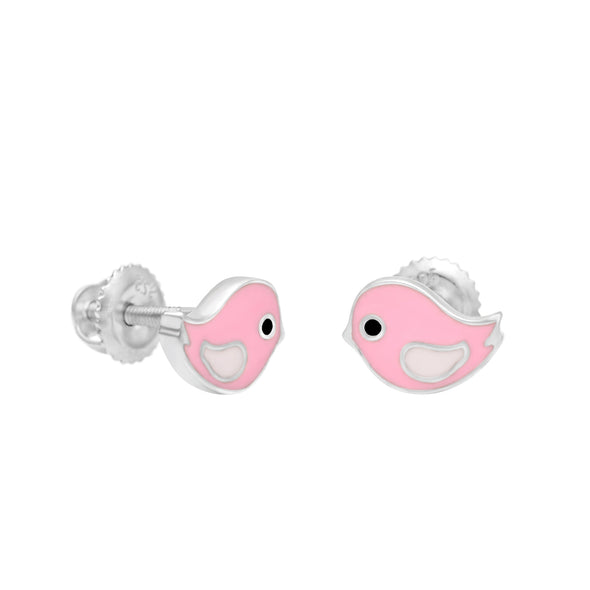 Pink Enamel Tiny Bird Butterfly Back Stud Earrings 925 Sterling Silver Animal-lover Earrings For Kids Children's Jewelry