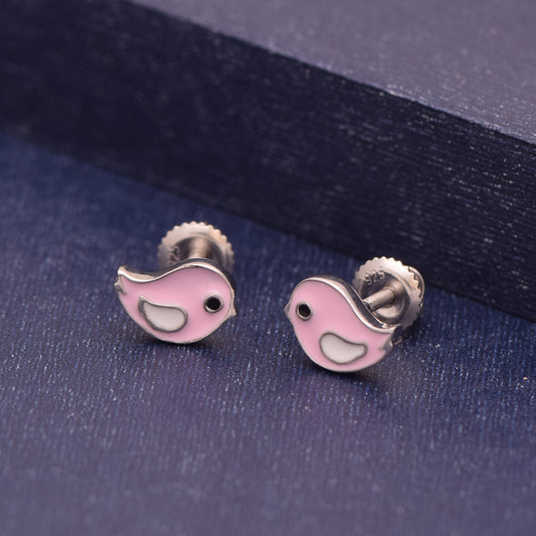 Pink Enamel Tiny Bird Butterfly Back Stud Earrings 925 Sterling Silver Animal-lover Earrings For Kids Children's Jewelry