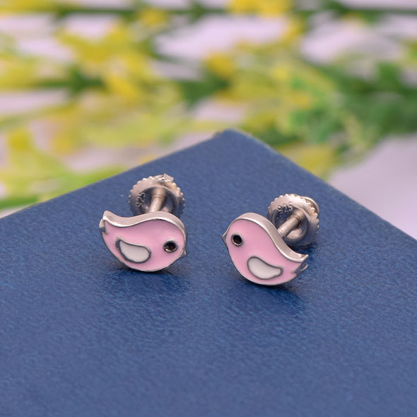 Pink Enamel Tiny Bird Butterfly Back Stud Earrings 925 Sterling Silver Animal-lover Earrings For Kids Children's Jewelry