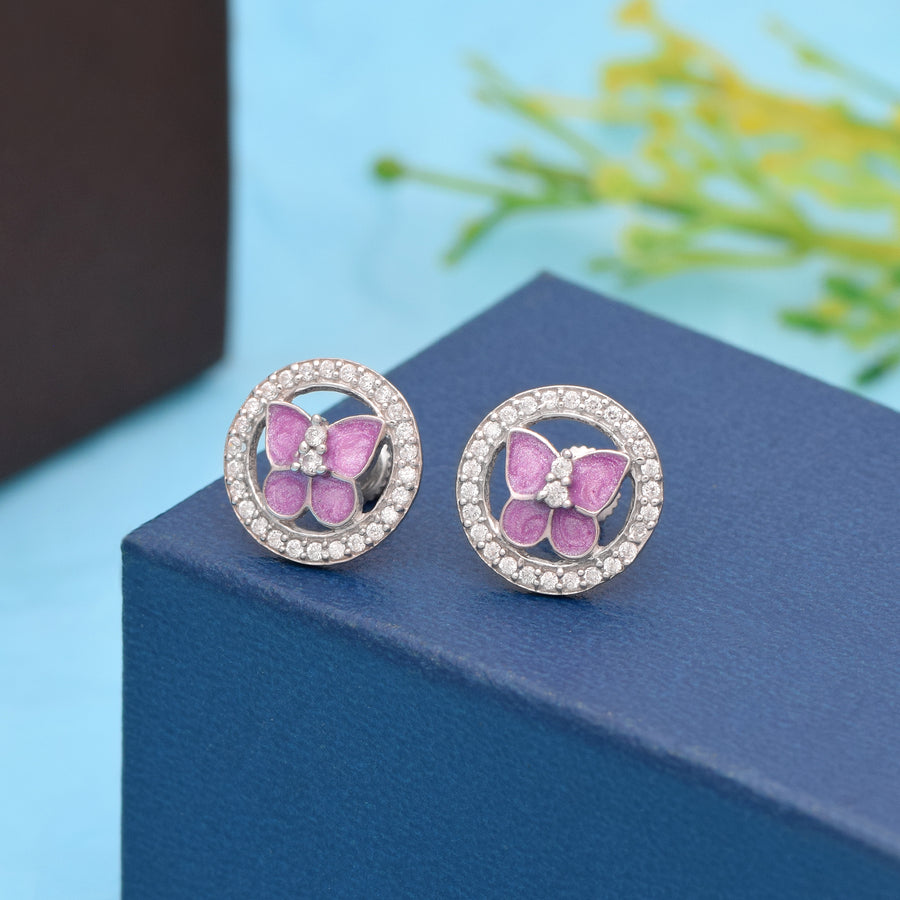 Pink Enamel Butterfly Stud Earring – Sterling Silver