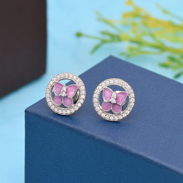 Round White Cz Starry Butterfly in Jewelled ring 925 Sterling Silver Pink Tiny Screw Back Stud Earrings For Kids Jewlery