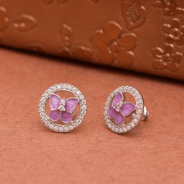 Round White Cz Starry Butterfly in Jewelled ring 925 Sterling Silver Pink Tiny Screw Back Stud Earrings For Kids Jewlery