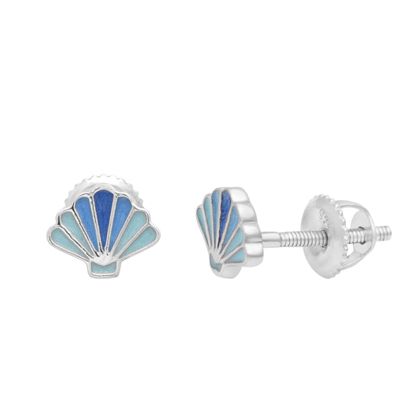 925 Sterling Silver Blue Sea Shell Cute Enamel Tiny Screw Back Stud Earrings For Kids Jewelry