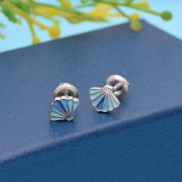 925 Sterling Silver Blue Sea Shell Cute Enamel Tiny Screw Back Stud Earrings For Kids Jewelry