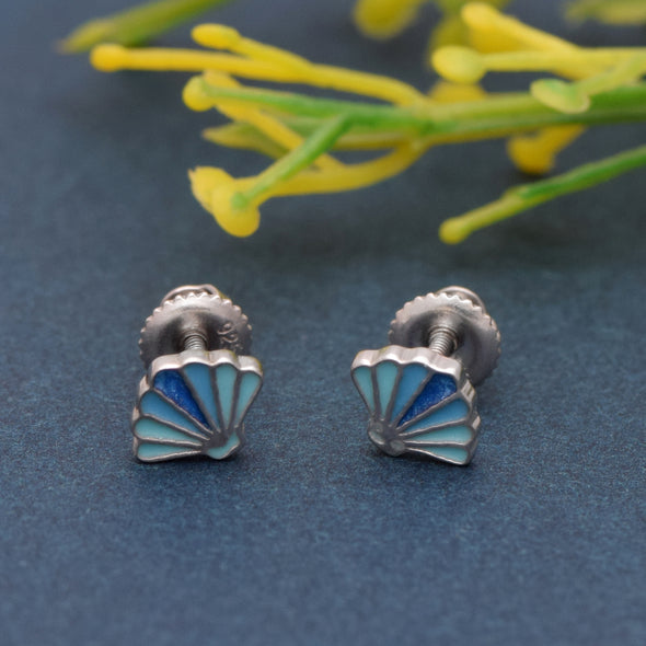 925 Sterling Silver Blue Sea Shell Cute Enamel Tiny Screw Back Stud Earrings For Kids Jewelry