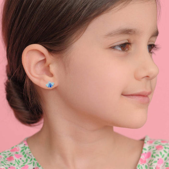 925 Sterling Silver Blue Sea Shell Cute Enamel Tiny Screw Back Stud Earrings For Kids Jewelry