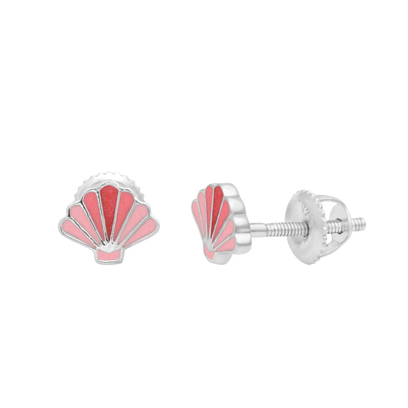 925 Sterling Silver Pink Sea Shell Cute Enamel Tiny Screw Back Stud Earrings For Children's Jewelry