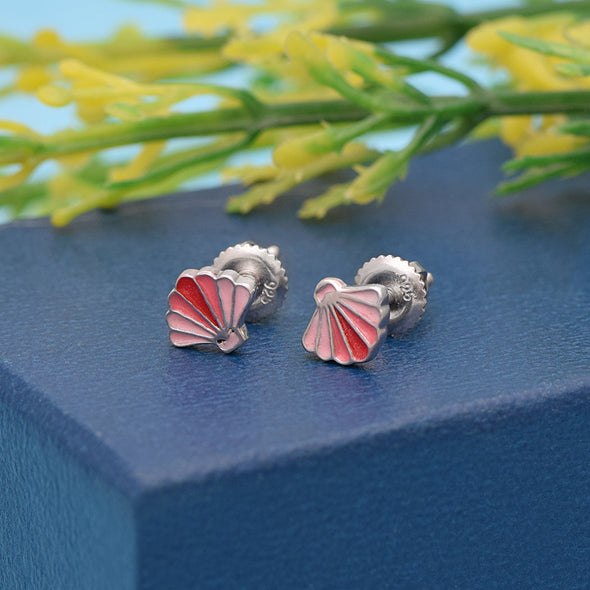 925 Sterling Silver Pink Sea Shell Cute Enamel Tiny Screw Back Stud Earrings For Children's Jewelry